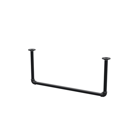 Deckenhängende Kleiderstange aus mattschwarz lackiertem Stahlrohr Ø 27 mm — Breite 76 cm, Höhe unter der Decke 32 cm, Dreiviertelansicht auf weißem Hintergrund