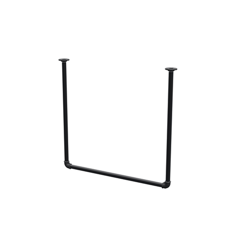 Deckenhängende Kleiderstange aus mattschwarz lackiertem Stahlrohr Ø 27 mm — Breite 76 cm, Höhe unter der Decke 72 cm, Dreiviertelansicht auf weißem Hintergrund