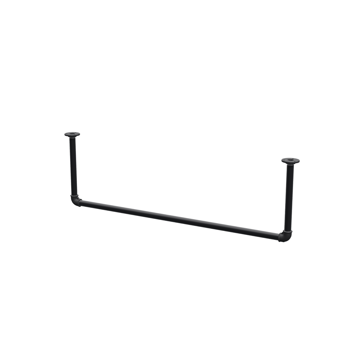 Portant à vêtements suspendu au plafond en tubes d'acier peints noir mat Ø 27 mm — largeur 106 cm, hauteur sous plafond 32 cm, vue de trois quarts sur fond blanc