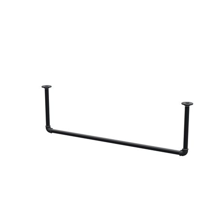 Deckenhängende Kleiderstange aus mattschwarz lackiertem Stahlrohr Ø 27 mm — Breite 106 cm, Höhe unter der Decke 32 cm, Dreiviertelansicht auf weißem Hintergrund