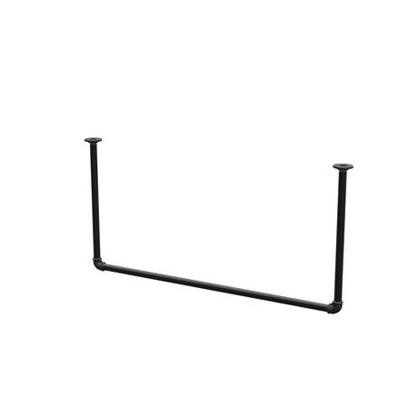 Deckenhängende Kleiderstange aus mattschwarz lackiertem Stahlrohr Ø 27 mm — Breite 106 cm, Höhe unter der Decke 52 cm, Dreiviertelansicht auf weißem Hintergrund