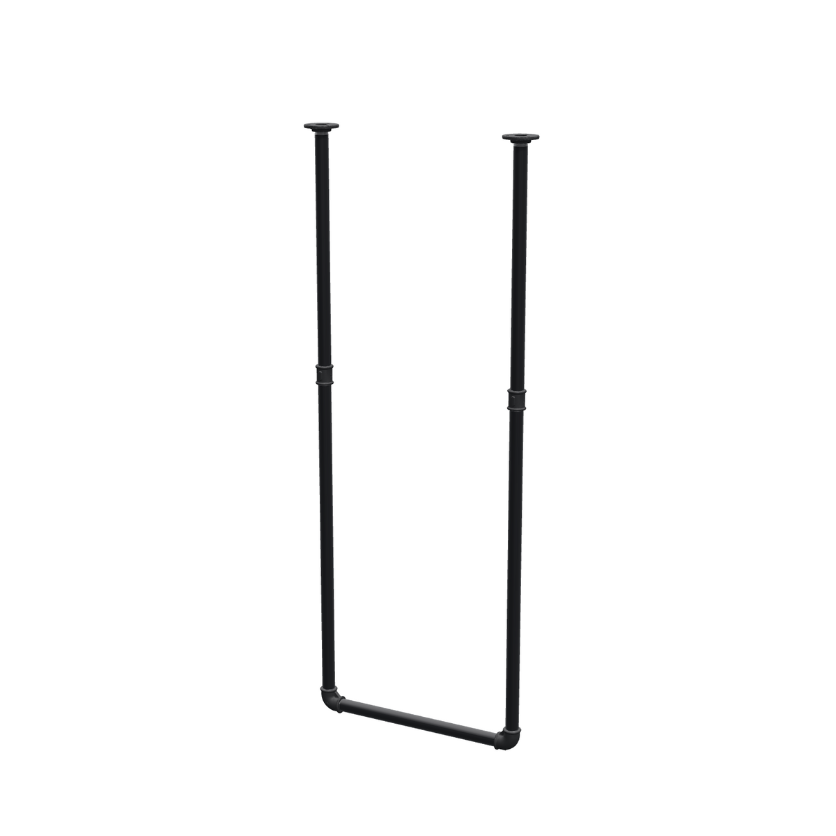 Portant à vêtements suspendu au plafond en tubes d'acier peints noir mat Ø 27 mm — largeur 46 cm, hauteur sous plafond 123 cm, vue de trois quarts sur fond blanc