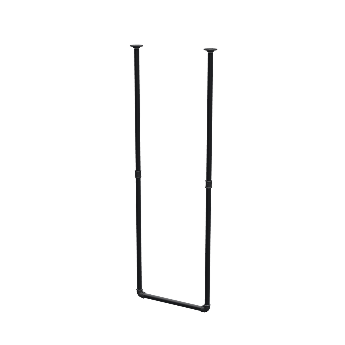 Portant à vêtements suspendu au plafond en tubes d'acier peints noir mat Ø 27 mm — largeur 46 cm, hauteur sous plafond 143 cm, vue de trois quarts sur fond blanc