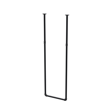 Deckenhängende Kleiderstange aus mattschwarz lackiertem Stahlrohr Ø 27 mm — Breite 46 cm, Höhe unter der Decke 153 cm, Dreiviertelansicht auf weißem Hintergrund