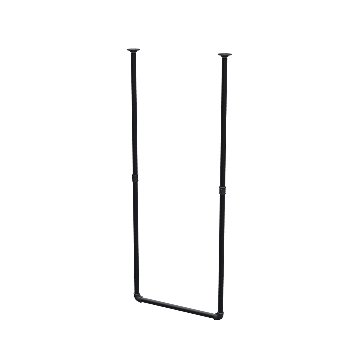 Portant à vêtements suspendu au plafond en tubes d'acier peints noir mat Ø 27 mm — largeur 56 cm, hauteur sous plafond 143 cm, vue de trois quarts sur fond blanc