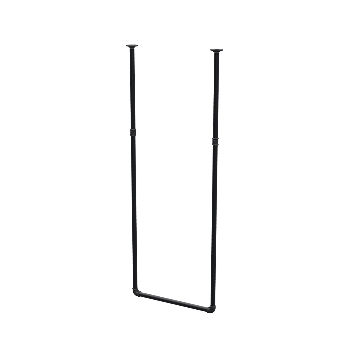 Portant à vêtements suspendu au plafond en tubes d'acier peints noir mat Ø 27 mm — largeur 56 cm, hauteur sous plafond 153 cm, vue de trois quarts sur fond blanc