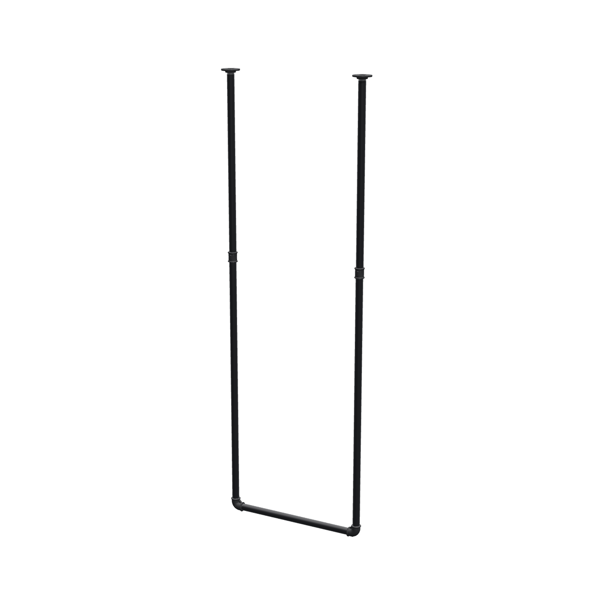 Portant à vêtements suspendu au plafond en tubes d'acier peints noir mat Ø 27 mm — largeur 56 cm, hauteur sous plafond 173 cm, vue de trois quarts sur fond blanc