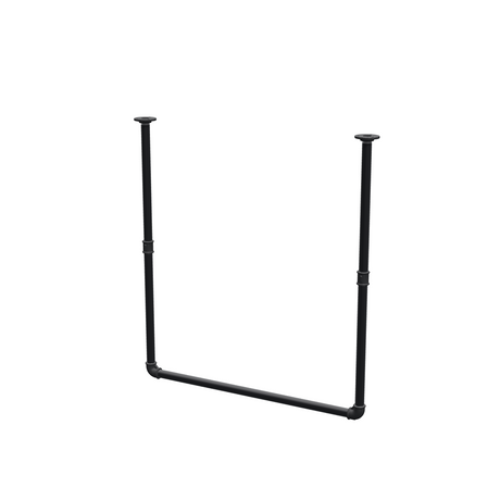Deckenhängende Kleiderstange aus mattschwarz lackiertem Stahlrohr Ø 27 mm — Breite 76 cm, Höhe unter der Decke 83 cm, Dreiviertelansicht auf weißem Hintergrund