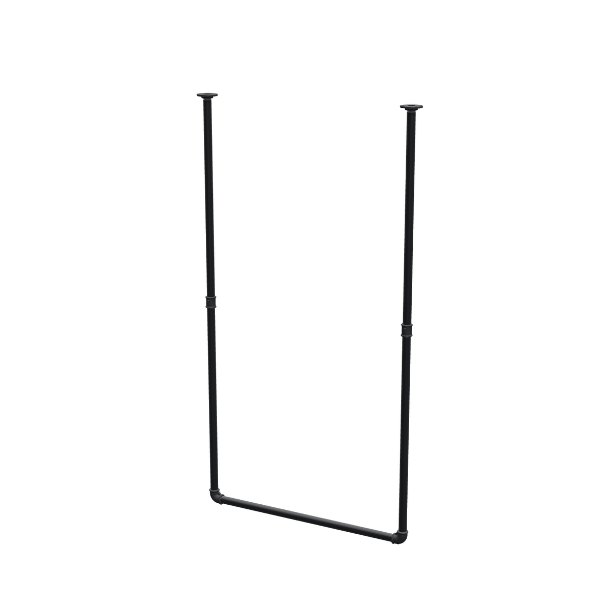Portant à vêtements suspendu au plafond en tubes d'acier peints noir mat Ø 27 mm — largeur 76 cm, hauteur sous plafond 143 cm, vue de trois quarts sur fond blanc