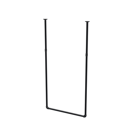 Deckenhängende Kleiderstange aus mattschwarz lackiertem Stahlrohr Ø 27 mm — Breite 76 cm, Höhe unter der Decke 153 cm, Dreiviertelansicht auf weißem Hintergrund