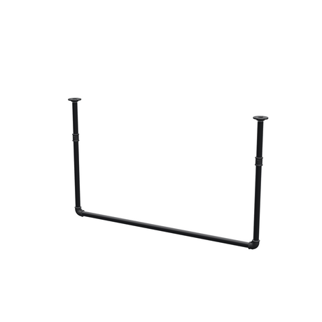 Deckenhängende Kleiderstange aus mattschwarz lackiertem Stahlrohr Ø 27 mm — Breite 106 cm, Höhe unter der Decke 63 cm, Dreiviertelansicht auf weißem Hintergrund