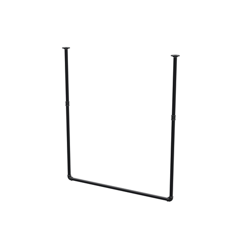 Deckenhängende Kleiderstange aus mattschwarz lackiertem Stahlrohr Ø 27 mm — Breite 106 cm, Höhe unter der Decke 123 cm, Dreiviertelansicht auf weißem Hintergrund