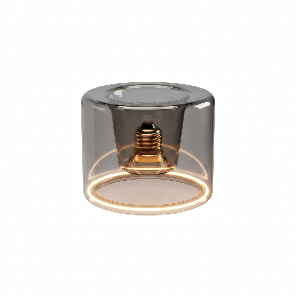 LED-Donut-Lampe E27 aus Rauchglas, Ø 120 mm, eingeschaltet, warmer Lichtring, weißer Hintergrund