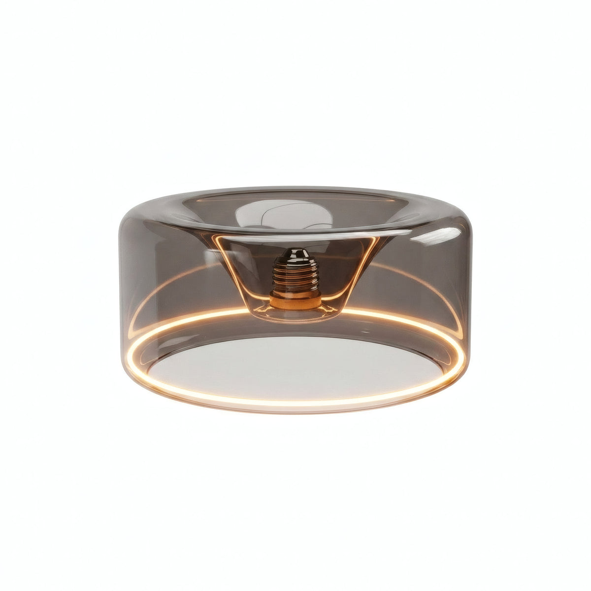 LED-Donut-Lampe E27 aus Rauchglas, Ø 195 mm, eingeschaltet, warmer Lichtring, weißer Hintergrund