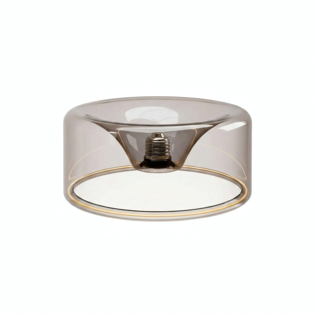 LED-Donut-Lampe E27 aus Rauchglas, Ø 195 mm, ausgeschaltet, versenkter E27-Sockel sichtbar, weißer Hintergrund