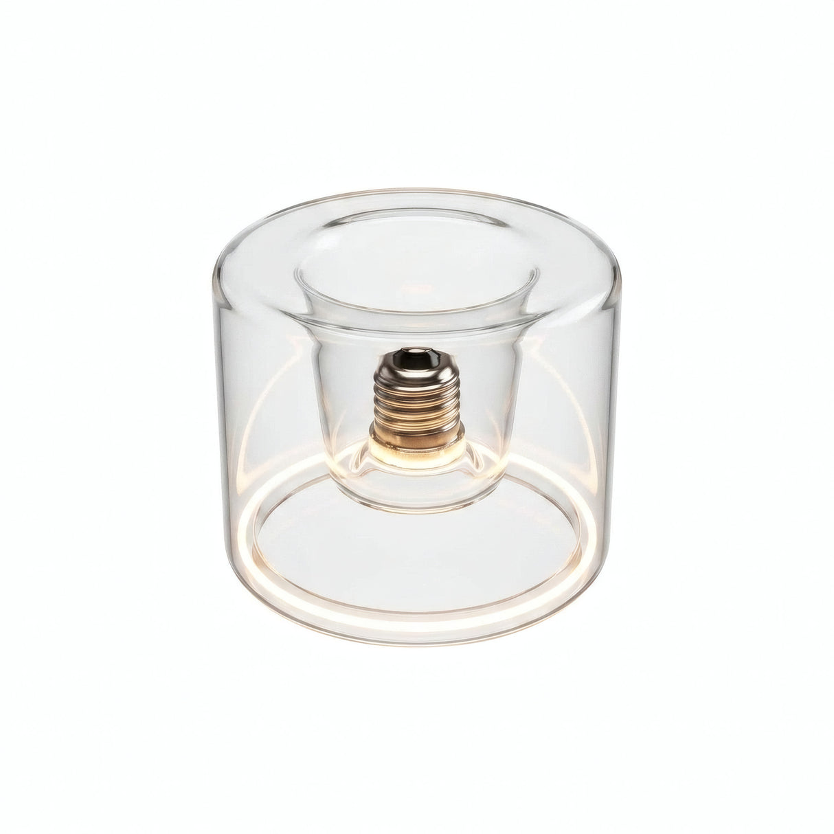 LED-Donut-Lampe E27 aus klarem Glas, Ø 120 mm, eingeschaltet, warmer Lichtring, weißer Hintergrund