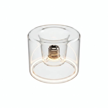 LED-Donut-Lampe E27 aus klarem Glas, Ø 120 mm, eingeschaltet, warmer Lichtring, weißer Hintergrund