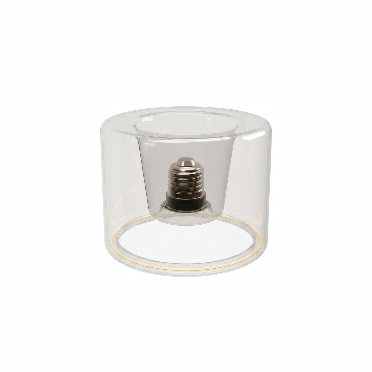 LED-Donut-Lampe E27 aus klarem Glas, Ø 120 mm, ausgeschaltet, versenkter E27-Sockel sichtbar, weißer Hintergrund