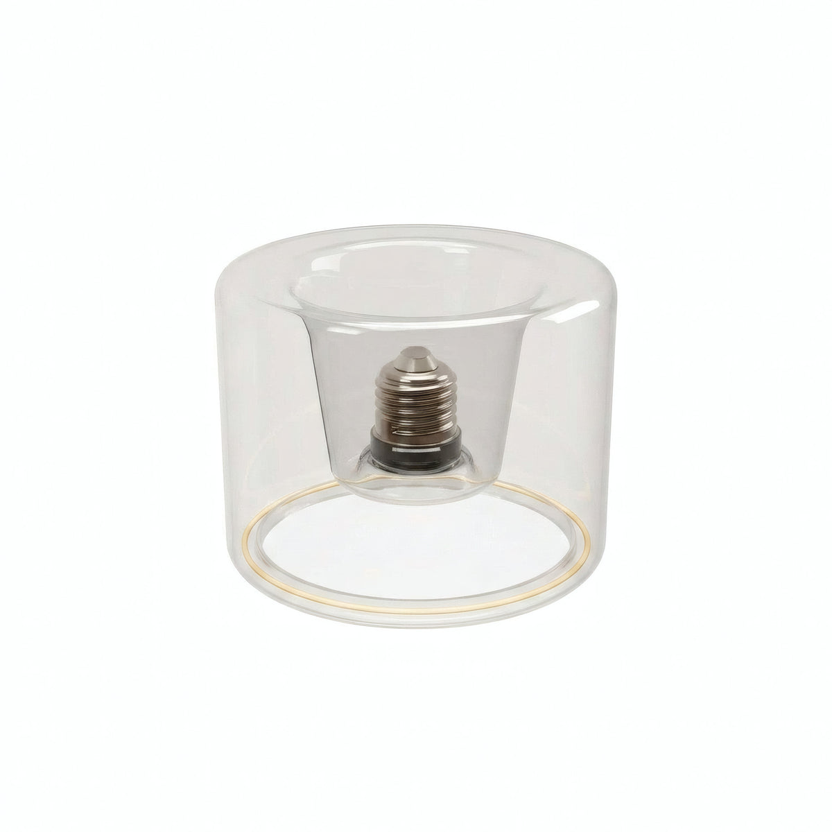 LED-Donut-Lampe E27 aus klarem Glas, Ø 120 mm, Dreiviertelansicht, weißer Hintergrund