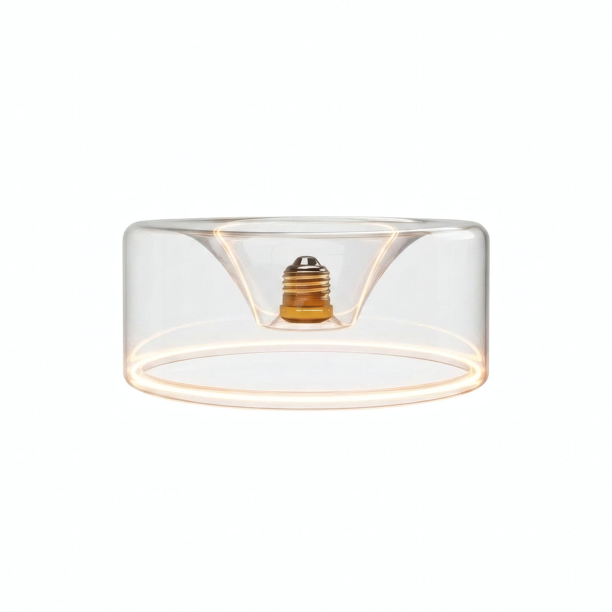 LED-Donut-Lampe E27 aus klarem Glas, Ø 195 mm, eingeschaltet, warmer Lichtring, weißer Hintergrund