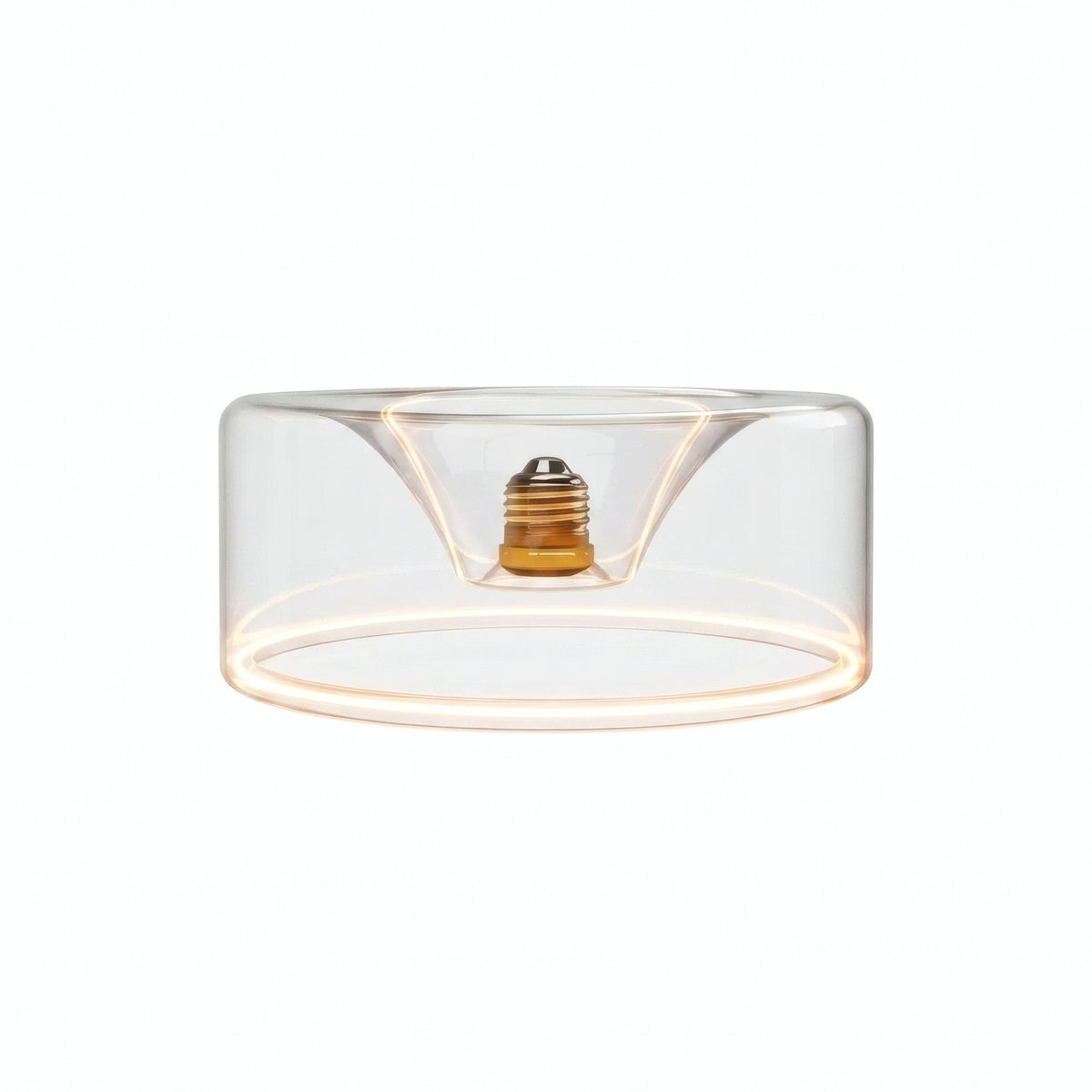 LED-Donut-Lampe E27 aus klarem Glas, Ø 195 mm, eingeschaltet, warmer Lichtring, weißer Hintergrund