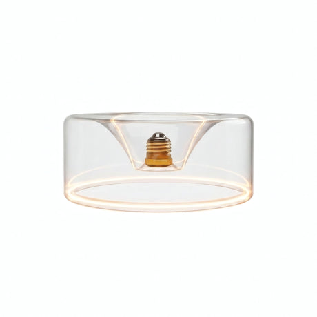 LED-Donut-Lampe E27 aus klarem Glas, Ø 195 mm, eingeschaltet, warmer Lichtring, weißer Hintergrund