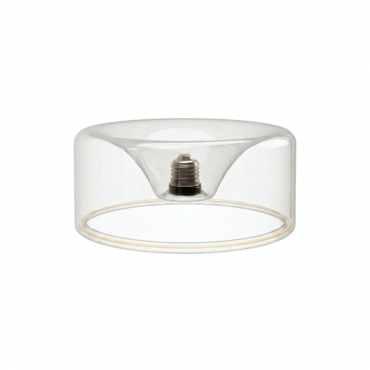LED-Donut-Lampe E27 aus klarem Glas, Ø 195 mm, ausgeschaltet, versenkter E27-Sockel sichtbar, weißer Hintergrund