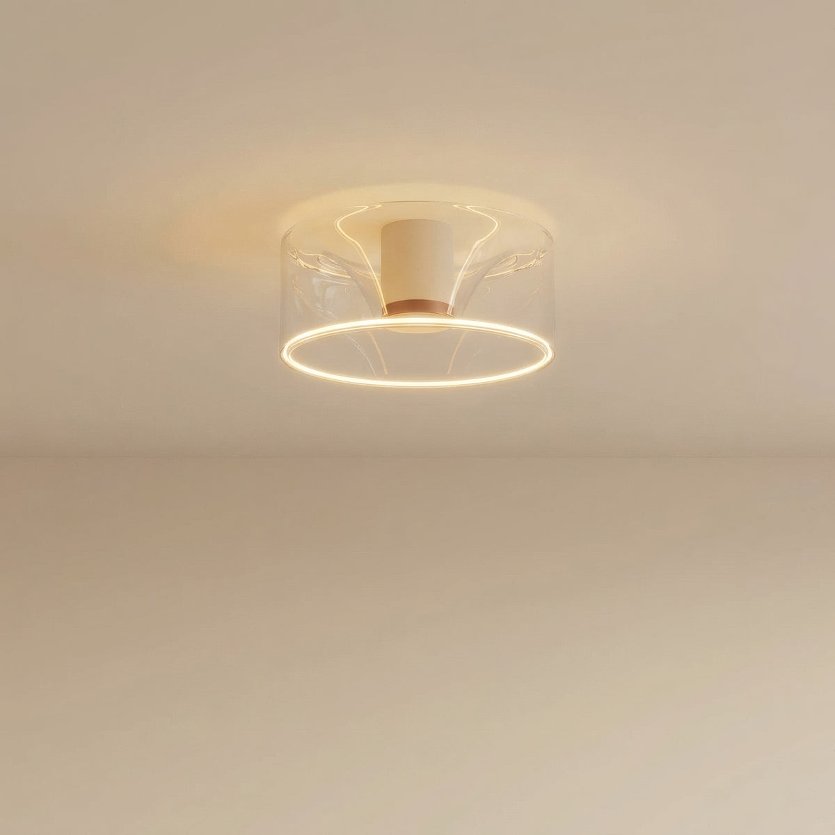 LED-Donut-Lampe E27 aus klarem Glas, Ø 195 mm, an der Decke, weiches warmes Licht