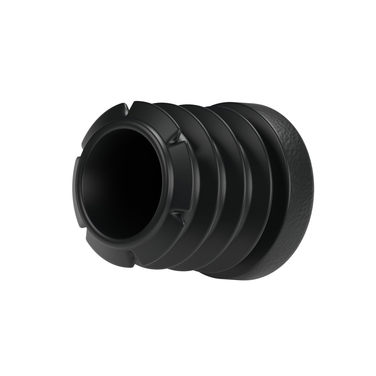 Schwarzer Lamellenstopfen für Fitting mit Innengewinde 1/2″ 15x21, Unteransicht: hohler Körper und Lamellen