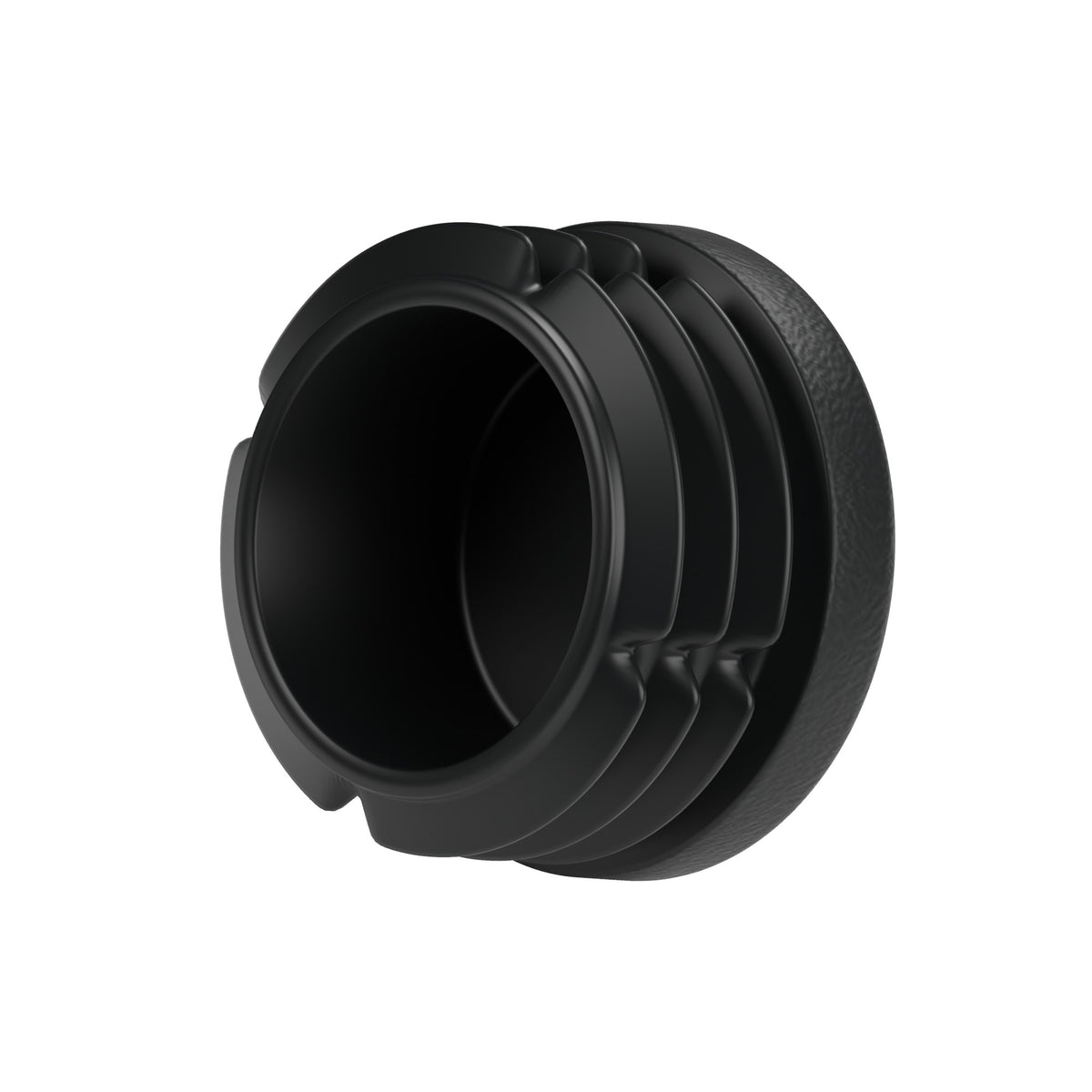Schwarzer Lamellenstopfen für Fitting mit Innengewinde 3/4″ 20x27, Unteransicht: hohler Körper und Lamellen