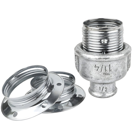 E27-Fassungsset aus glänzendem Metall in Silber auf Fitting mit Innengewinde 1/2'' (15x21mm) aus verzinktem Temperguss