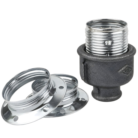 E27-Fassungsset aus glänzendem Metall in Silber auf Fitting mit Innengewinde 1/2'' (15x21mm) aus schwarzem Temperguss (Eco)