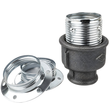 E27-Fassungsset aus glänzendem Metall in Silber auf Fitting mit Innengewinde aus schwarzem Temperguss (Eco)