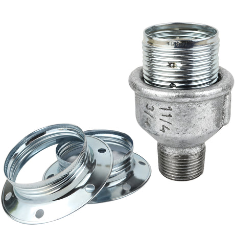 E27-Fassungsset aus glänzendem Metall in Silber auf Fitting mit Außengewinde aus verzinktem Temperguss