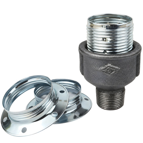 E27-Fassungsset aus glänzendem Metall in Silber auf Fitting mit Außengewinde aus schwarzem Temperguss (Eco)