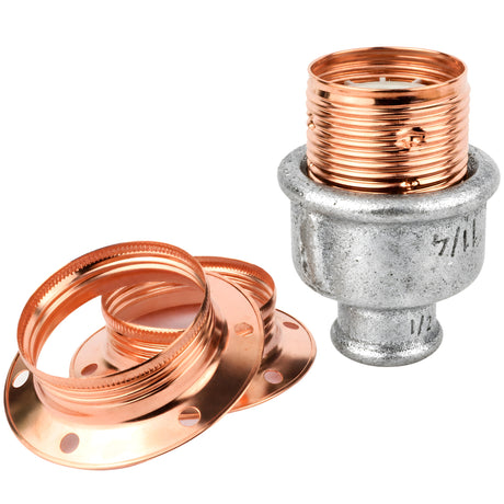 E27-Fassungsset aus glänzendem Metall in Kupferoptik auf Fitting mit Innengewinde 1/2'' (15x21mm) aus verzinktem Temperguss