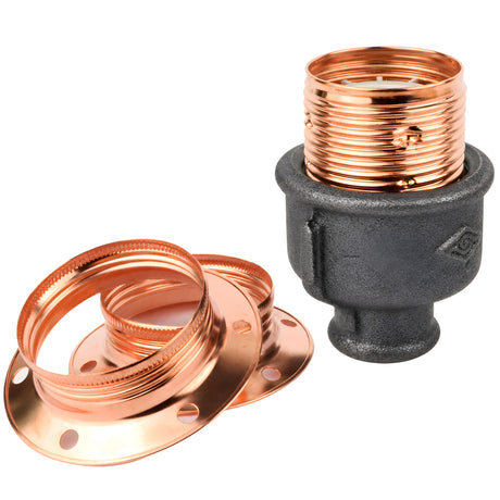 E27-Fassungsset aus glänzendem Metall in Kupferoptik auf Fitting mit Innengewinde 1/2'' (15x21mm) aus schwarzem Temperguss (Eco)