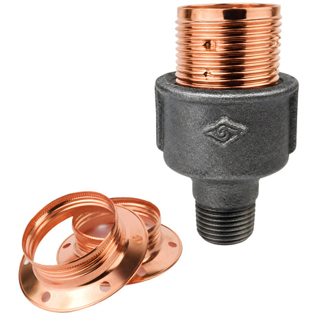 E27-Fassungsset aus glänzendem Metall in Kupferoptik auf Fitting mit Außengewinde 1/2'' (15x21mm) aus schwarzem Temperguss (Eco)