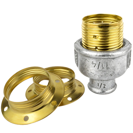 E27-Fassungsset aus glänzendem Metall in Messingoptik auf Fitting mit Innengewinde 1/2'' (15x21mm) aus verzinktem Temperguss