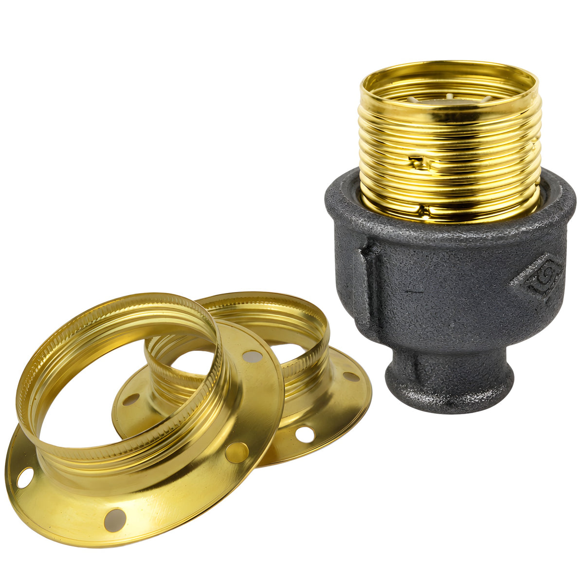 E27-Fassungsset aus glänzendem Metall in Messingoptik auf Fitting mit Innengewinde 1/2'' (15x21mm) aus schwarzem Temperguss (Eco)