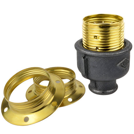 E27-Fassungsset aus glänzendem Metall in Messingoptik auf Fitting mit Innengewinde 1/2'' (15x21mm) aus schwarzem Temperguss (Eco)