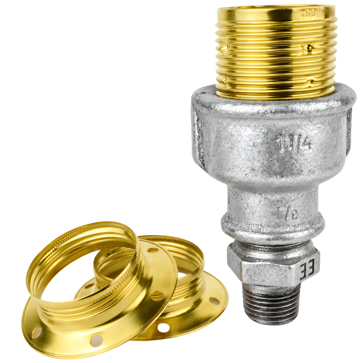 E27-Fassungsset aus glänzendem Metall in Messingoptik auf Fitting mit Außengewinde 1/2'' (15x21mm) aus verzinktem Temperguss