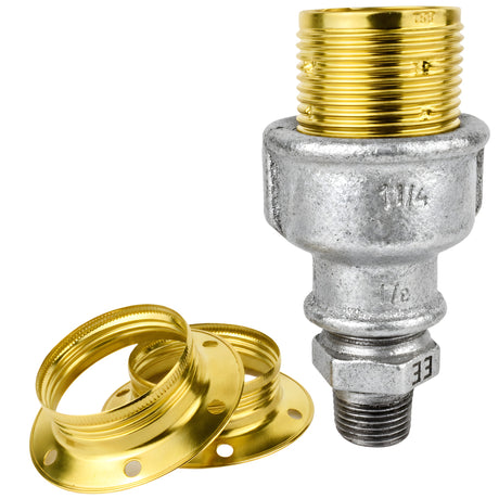 E27-Fassungsset aus glänzendem Metall in Messingoptik auf Fitting mit Außengewinde 1/2'' (15x21mm) aus verzinktem Temperguss