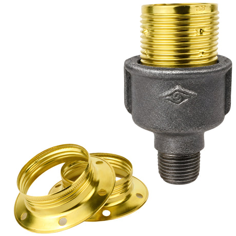 E27-Fassungsset aus glänzendem Metall in Messingoptik auf Fitting mit Außengewinde 1/2'' (15x21mm) aus schwarzem Temperguss (Eco)