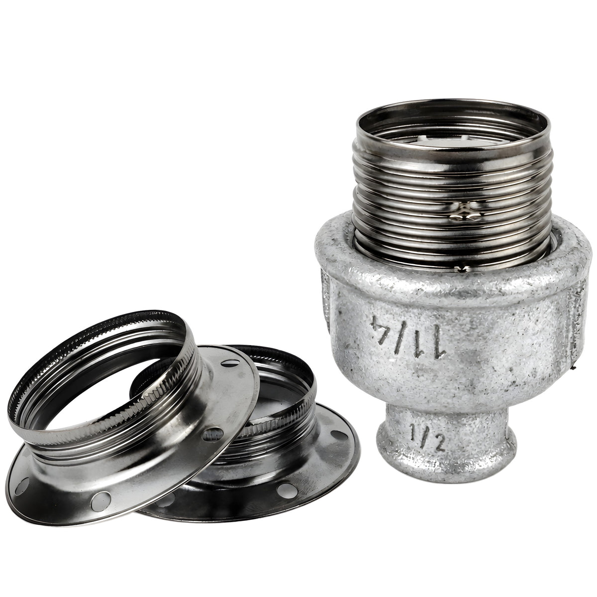 E27-Fassungsset aus glänzendem Metall in Schwarz auf Fitting mit Innengewinde 1/2'' (15x21mm) aus verzinktem Temperguss