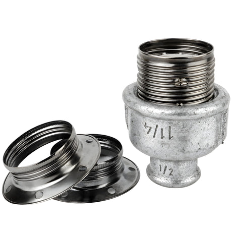 E27-Fassungsset aus glänzendem Metall in Schwarz auf Fitting mit Innengewinde 1/2'' (15x21mm) aus verzinktem Temperguss