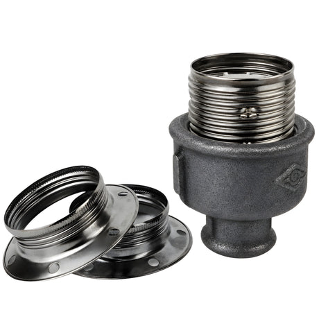 E27-Fassungsset aus glänzendem Metall in Schwarz auf Fitting mit Innengewinde 1/2'' (15x21mm) aus schwarzem Temperguss (Eco)