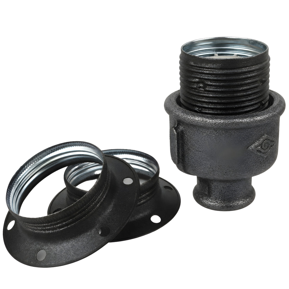 E27-Fassungsset aus mattem Metall in Grau auf Fitting mit Innengewinde 1/2'' (15x21mm) aus schwarzem Temperguss (Eco)