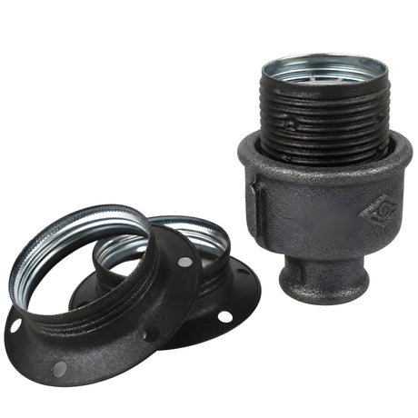 E27-Fassungsset aus mattem Metall in Grau auf Fitting mit Innengewinde 1/2'' (15x21mm) aus schwarzem Temperguss (Eco)
