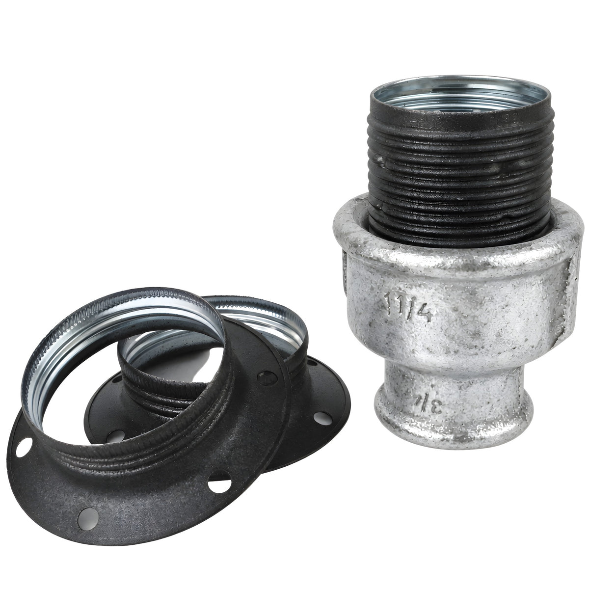 E27-Fassungsset aus mattem Metall in Grau auf Fitting mit Innengewinde aus verzinktem Temperguss